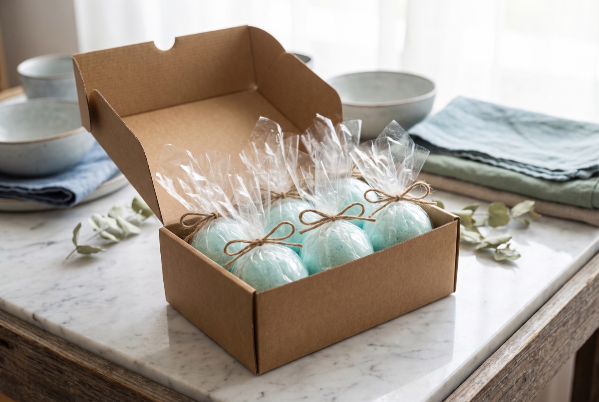 Wrapped bath bombs tied with twine arranged in an open kraft gift box