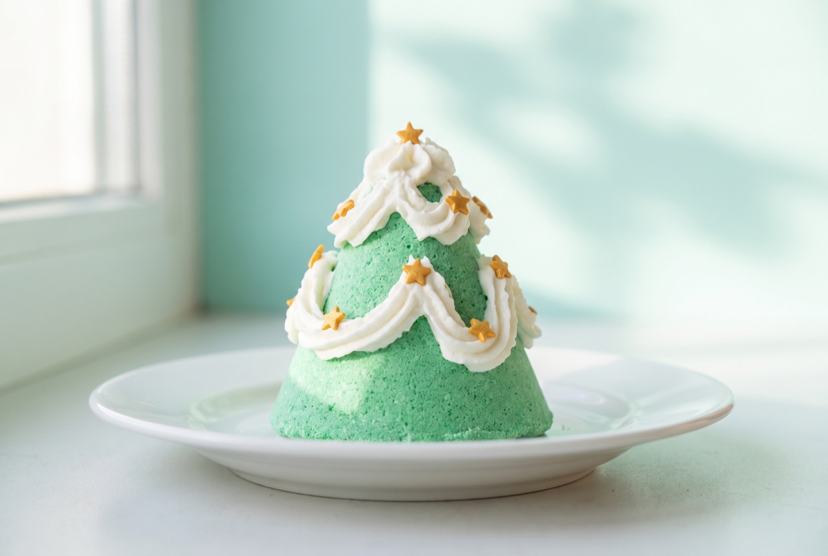 A green tree shaped bath bomb topped with piped white frosting