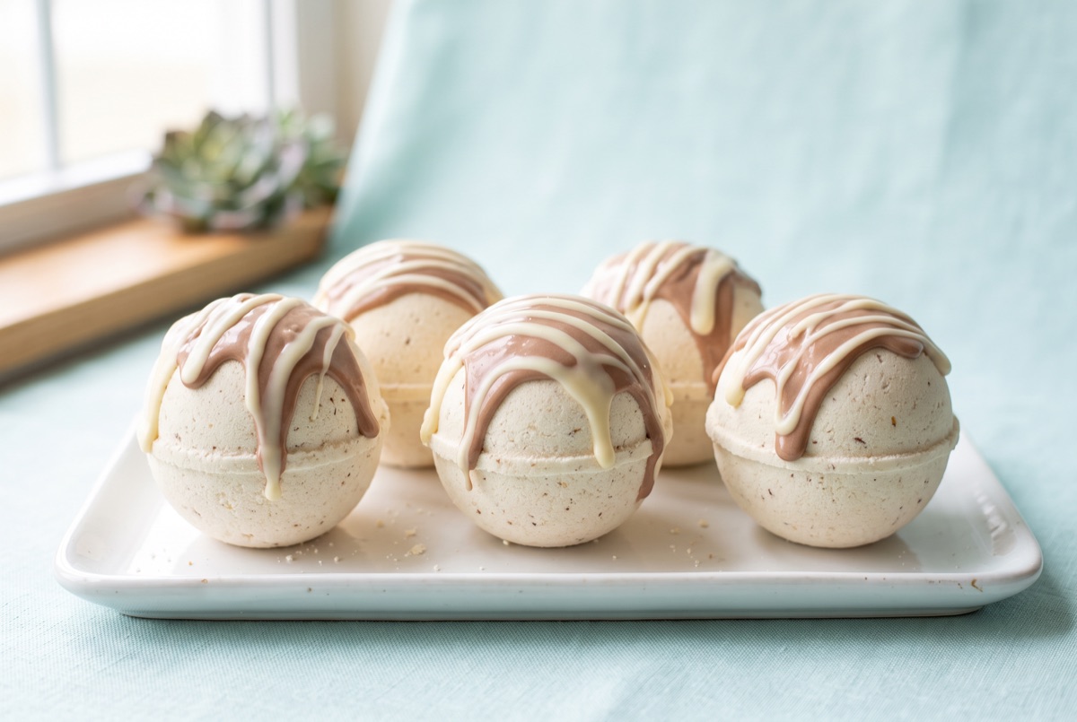 Cream bath bombs topped with a glossy cocoa butter drizzle