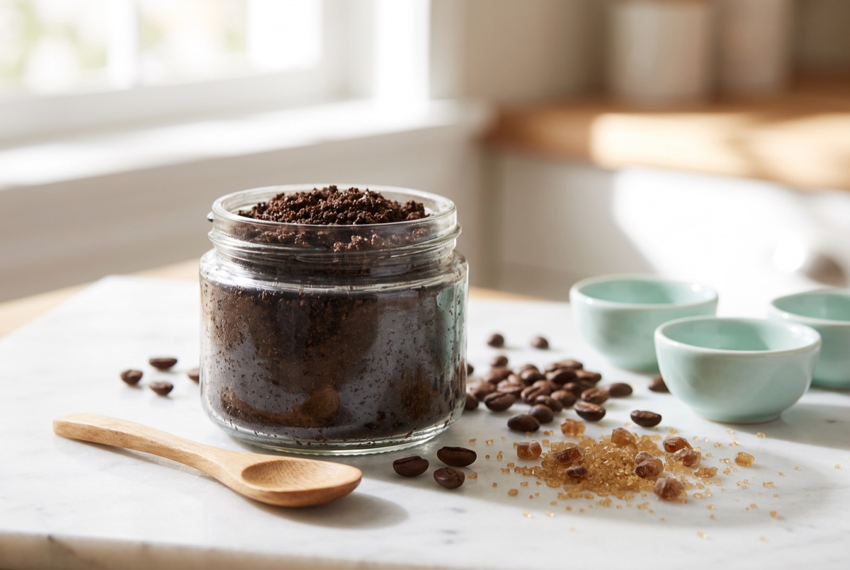 Coffee ground body scrub in a glass jar with a wooden spoon