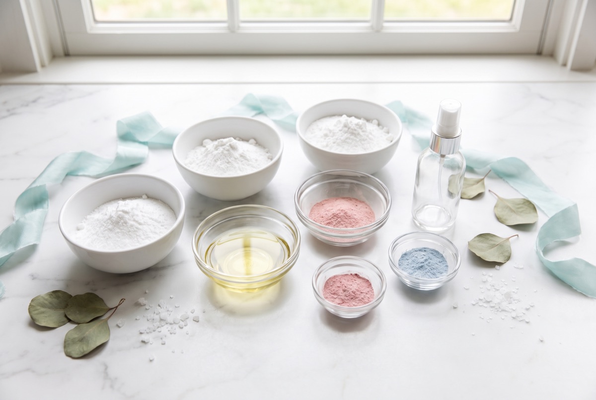 Bath bomb ingredients laid out in small white bowls on marble