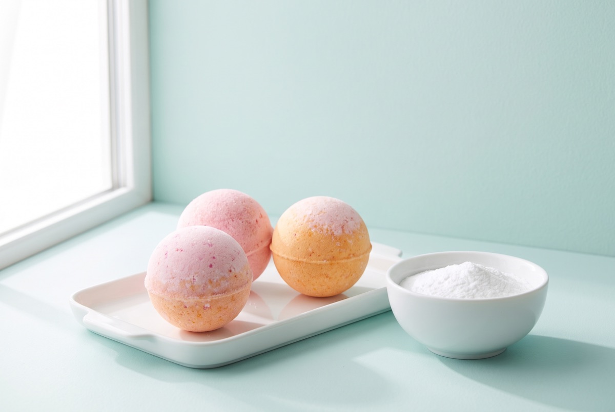 Three pastel pink and orange bath bombs on a white tray beside a bowl of powder