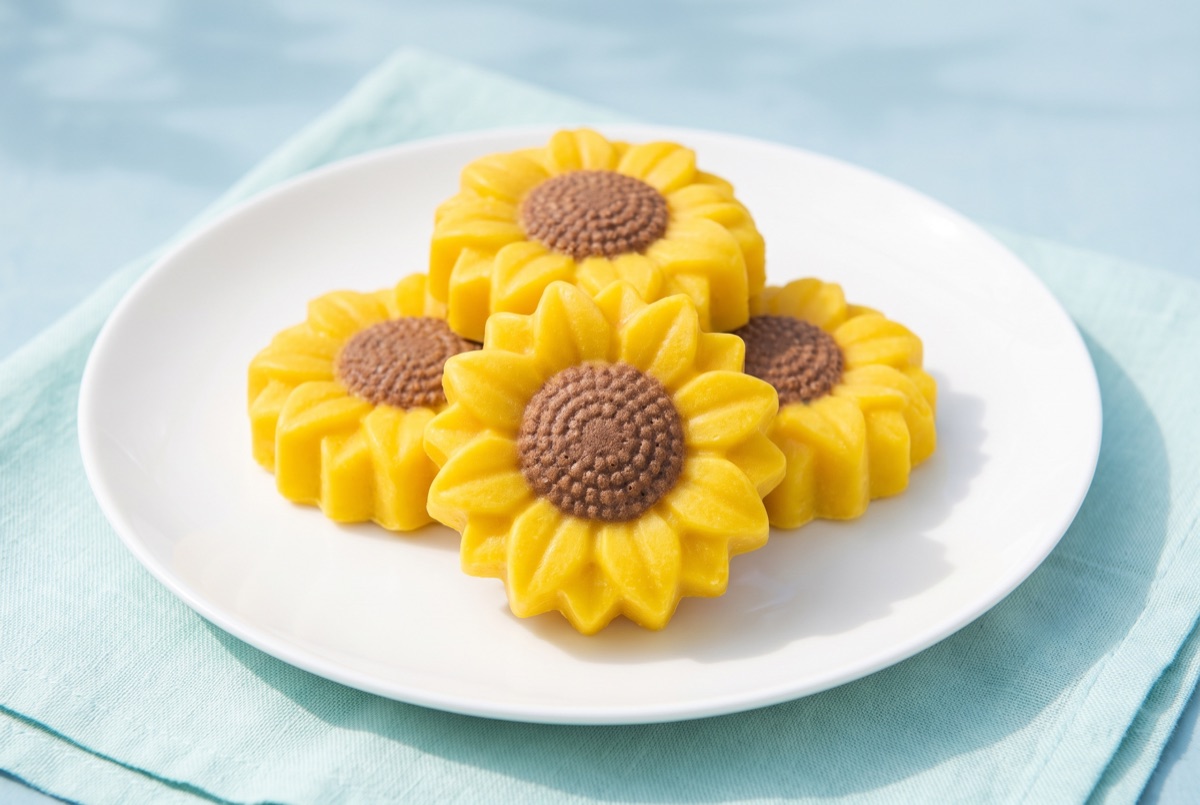 Yellow sunflower shaped bubble bars on a white plate
